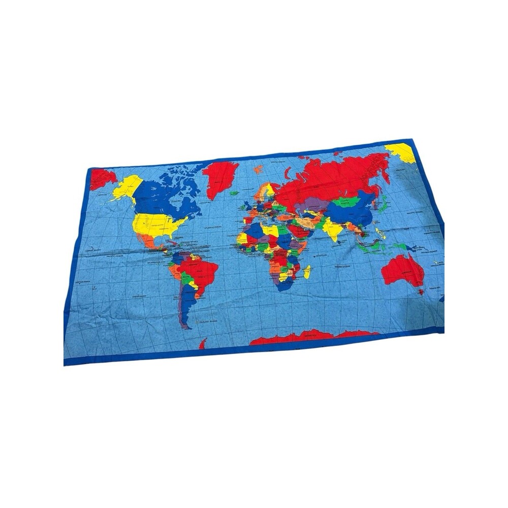 Vintage 1990s World Map Fabric Panel 59 x 35 Geography Travel Educational
